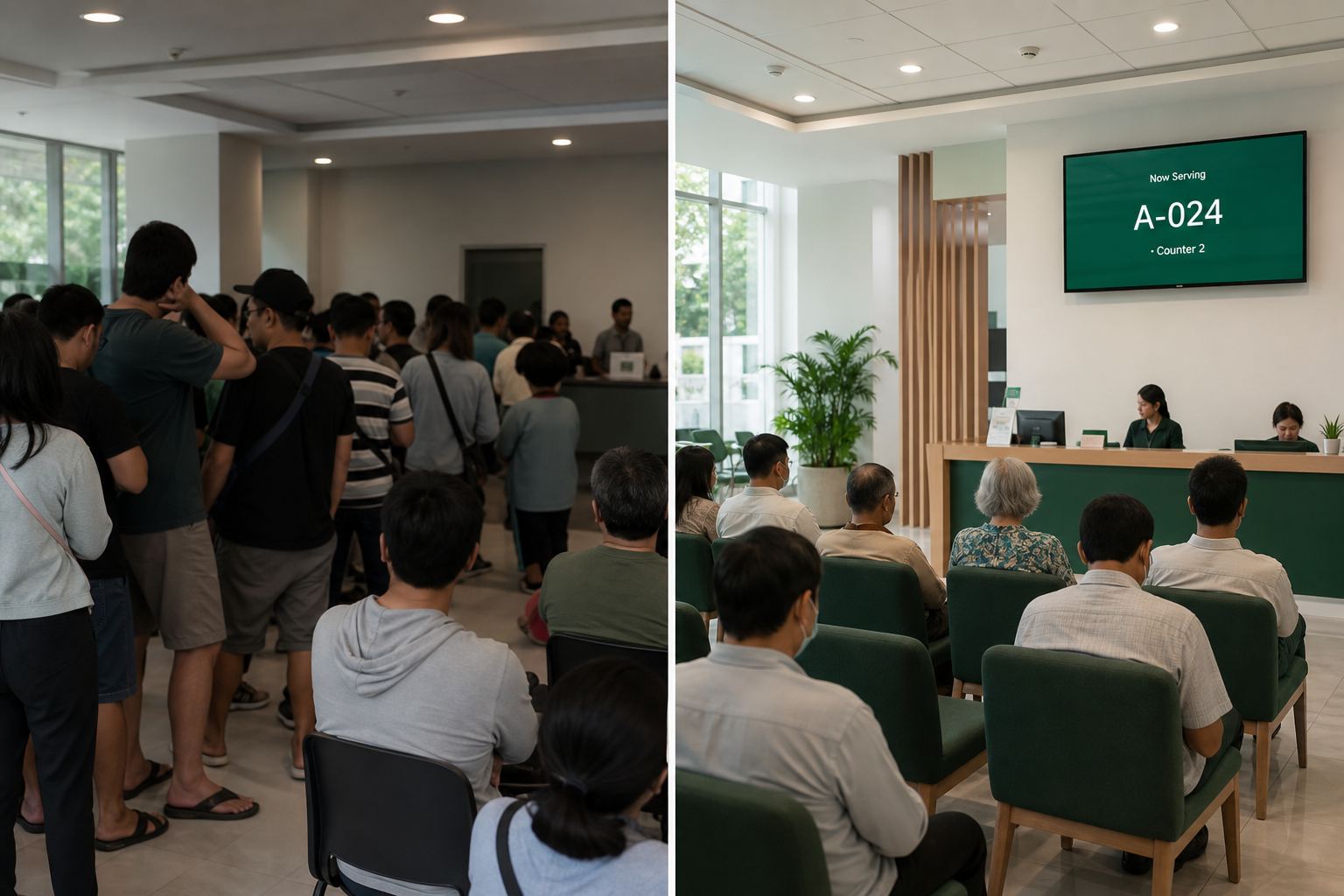 Crowded waiting area versus organized TokenX digital queue