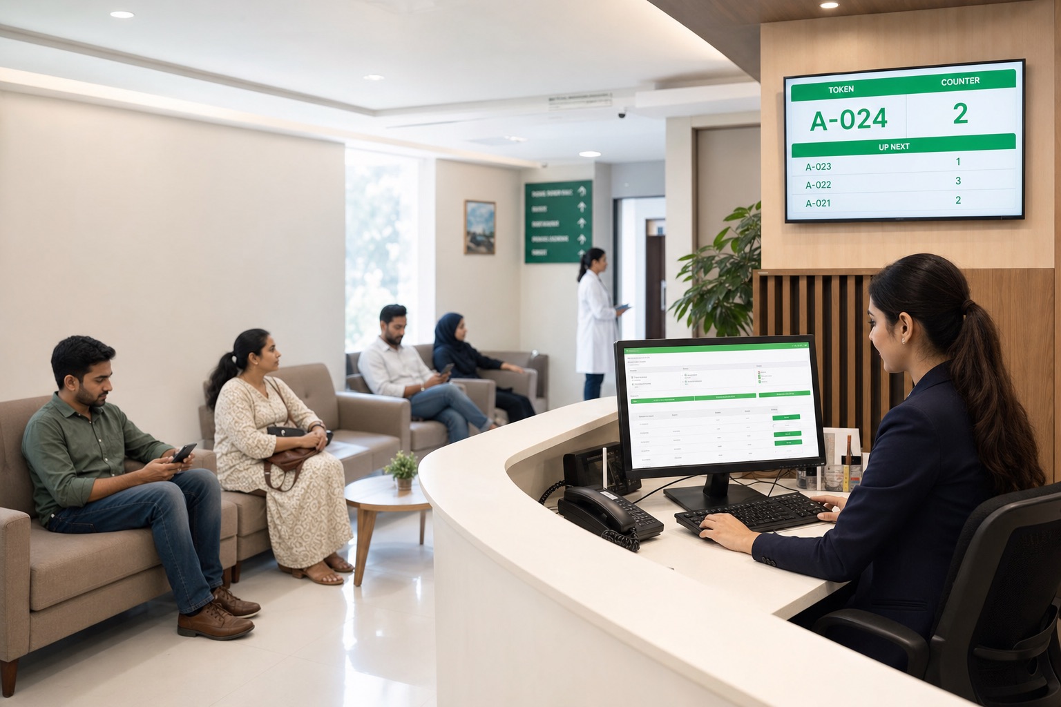 A modern clinic reception and waiting area using a digital queue display