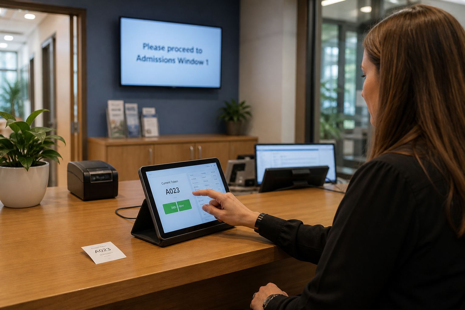 School office staff calling the next parent through TokenX