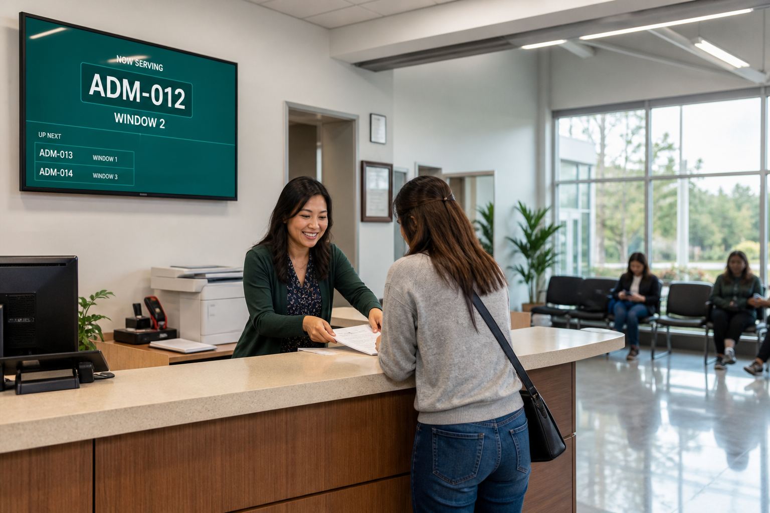 School administration office reception using a TokenX digital queue display