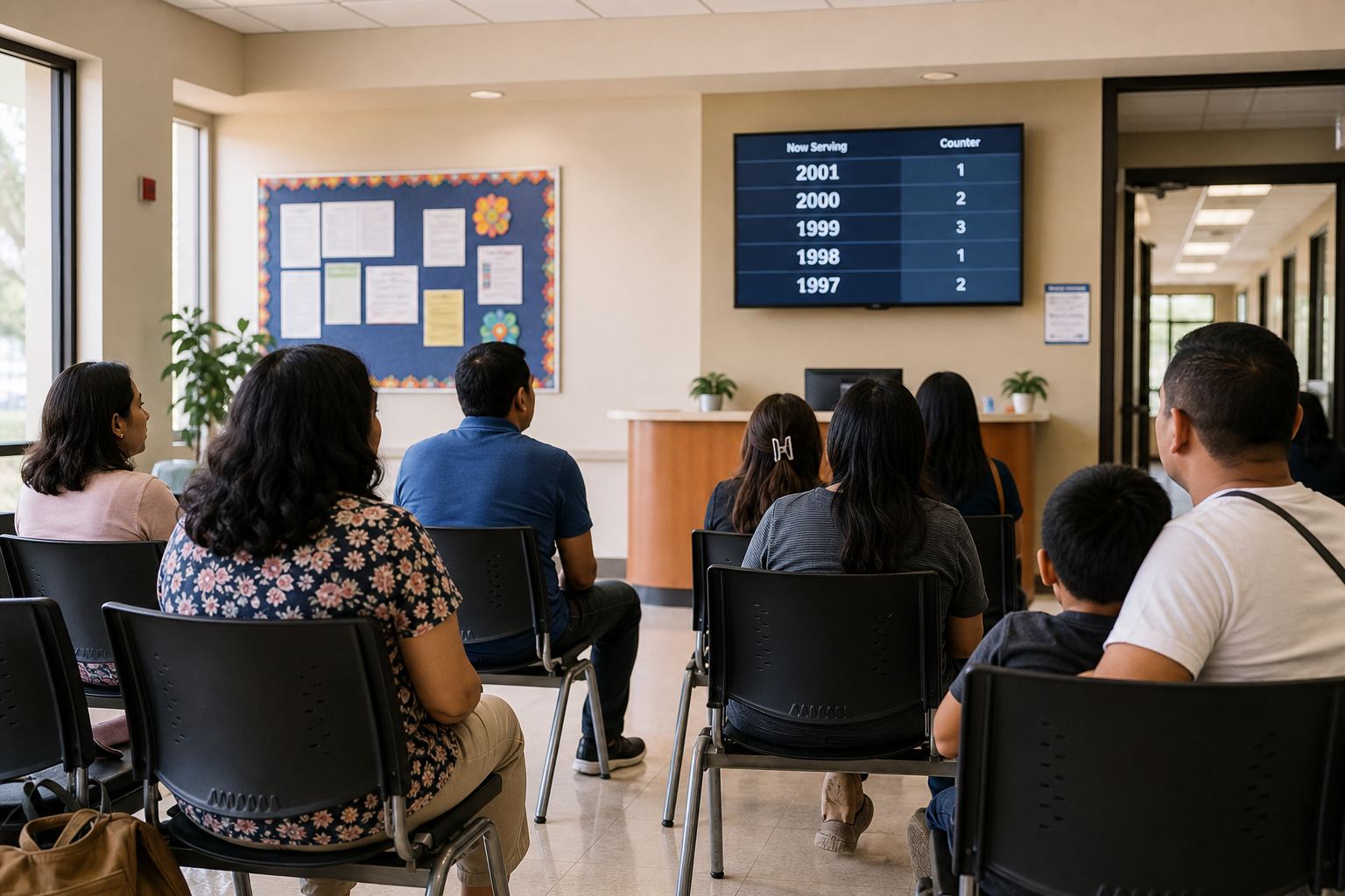 Parents waiting calmly in a school office while a digital queue display shows current tokens