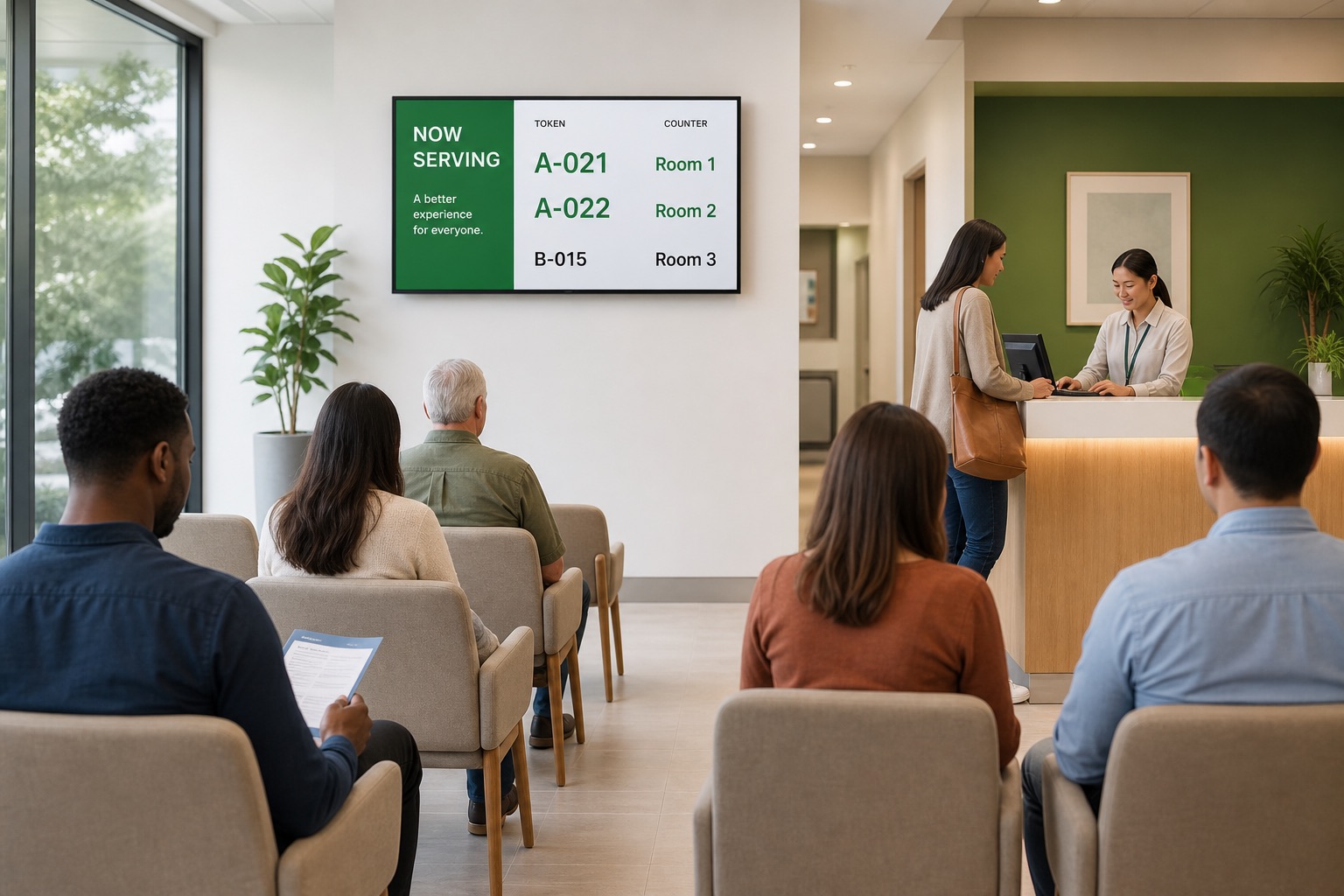 Visitors in an organized waiting area following a digital queue display